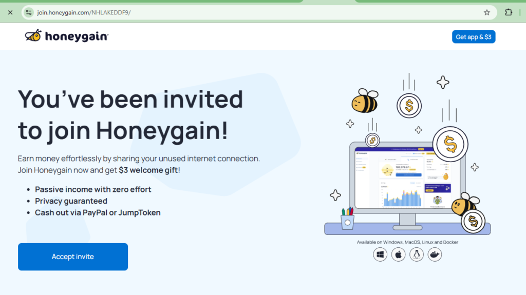 Honeygain sign up bonus offer showing $3 reward for new users