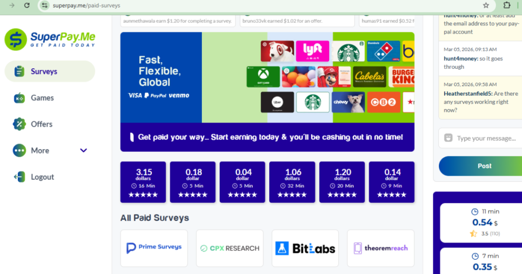 Superpay.me dashboard showing paid surveys and game offers