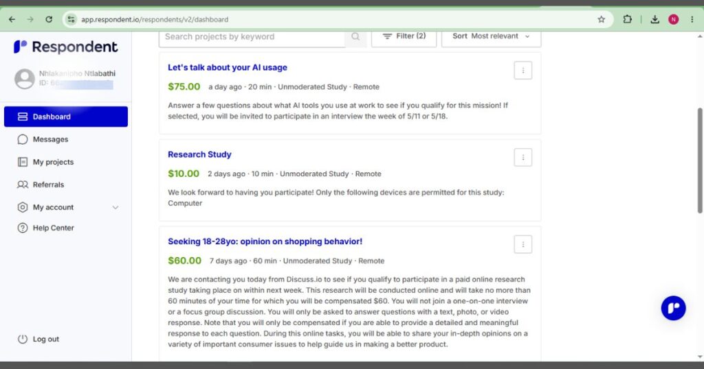 respondent io high paying studies dashboard