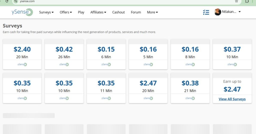 ysense available surveys and offers