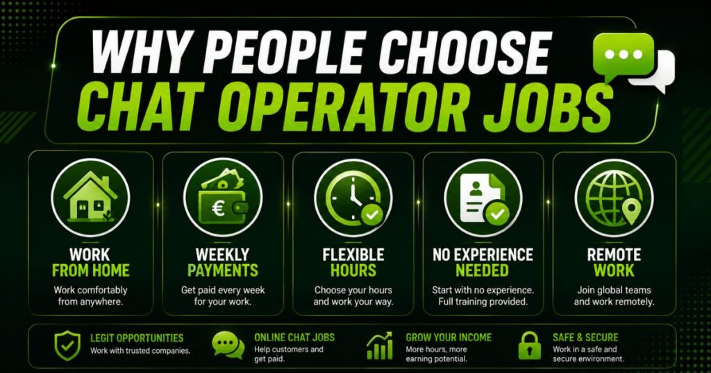 Benefits of chat operator jobs including flexible hours and weekly payments