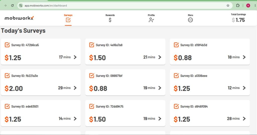 mobiworkx dashboard showing available surveys