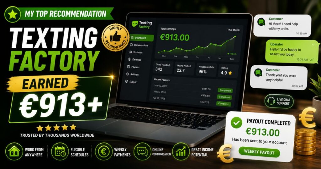 Texting Factory earnings proof showing over 913 euros earned online